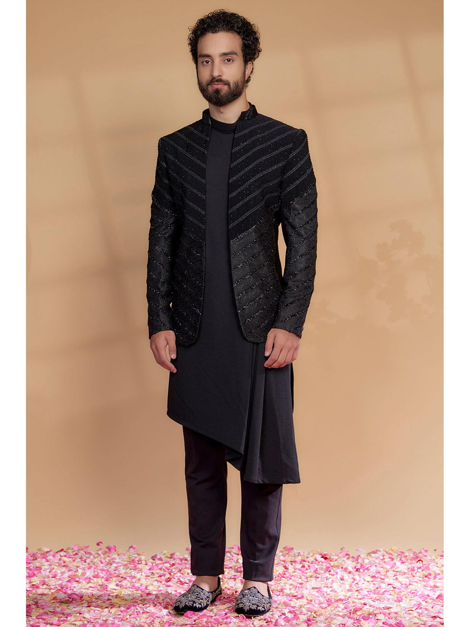 black imported suiting fabric embellished sherwani with jacket and pant (set of 3)