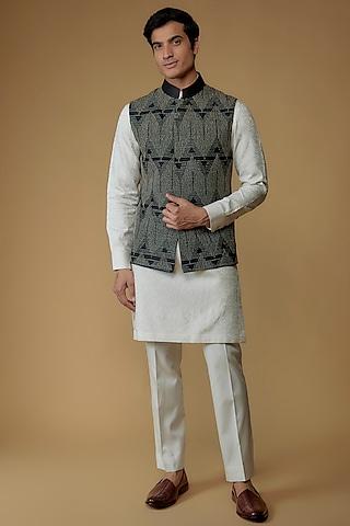 black indian dupion embroidered nehru jacket