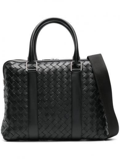 black intrecciato leather briefcase bag
