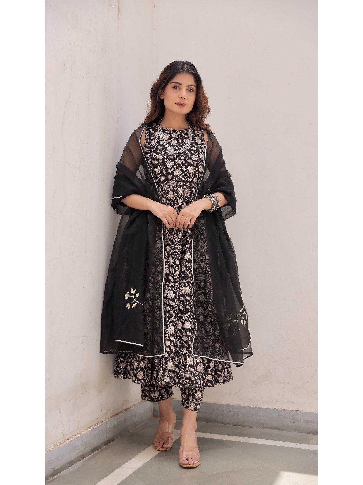 black jaal handblock cotton anarkali with organza gota work dupatta (set of 3)