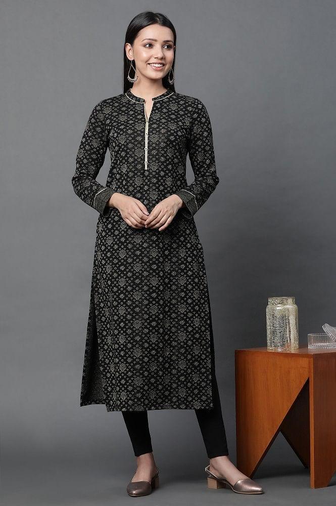 black jacquard festive winter kurta and tights set