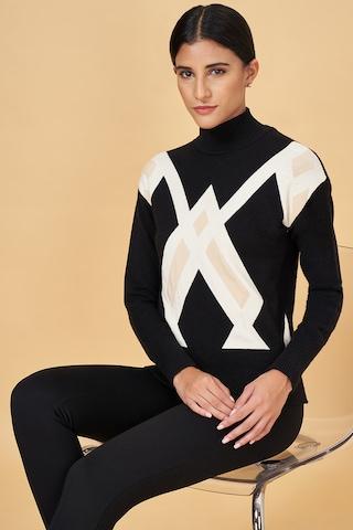 black jacquard formal full sleeves high neck women slim fit  sweater