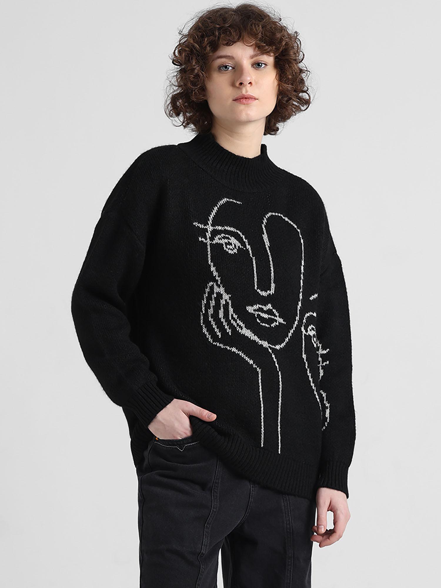 black jacquard knit printed pullover