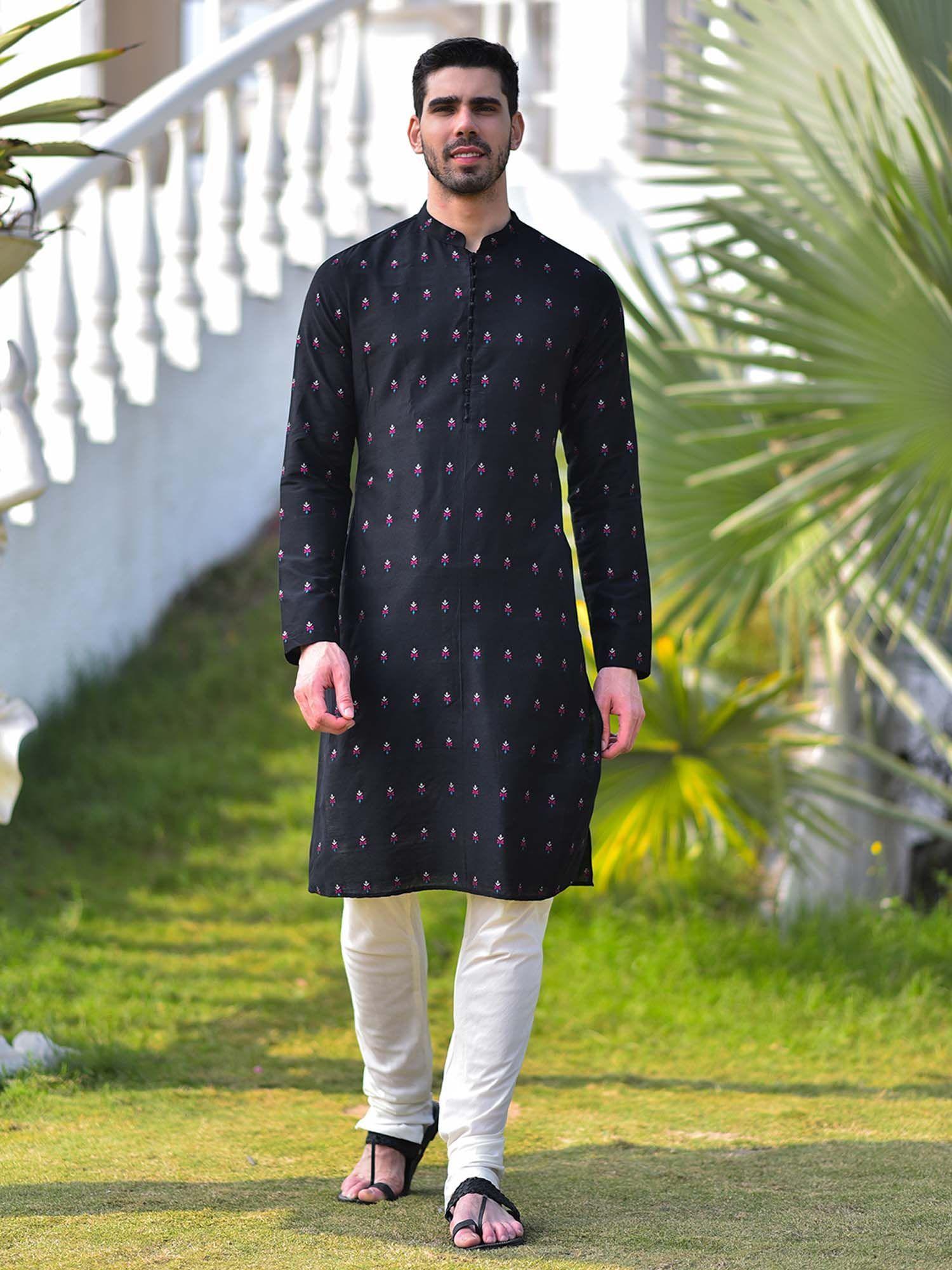 black jacquard kurta with churidar (set of 2)