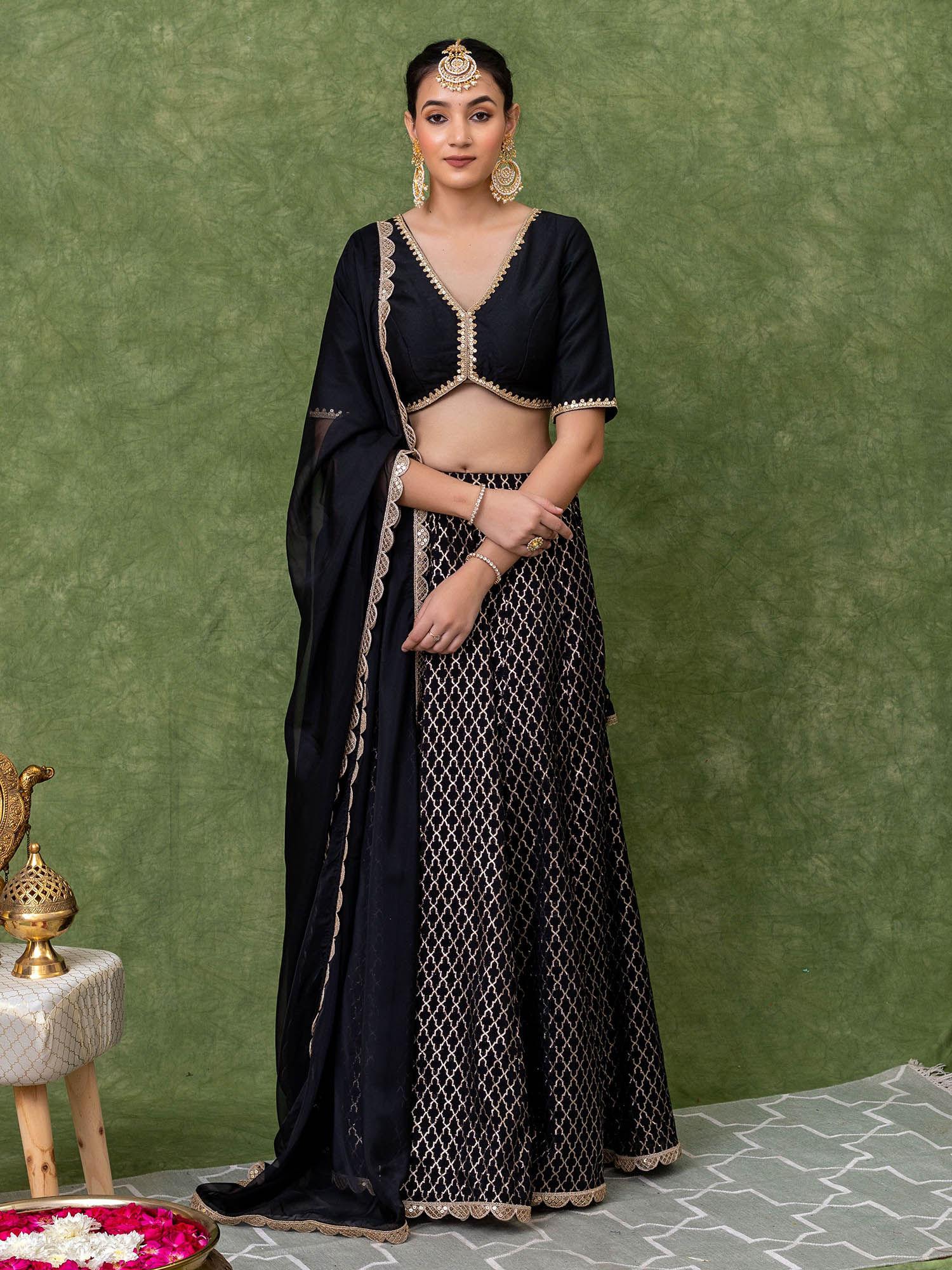 black jacquard lehenga with blouse and dupatta (set of 3)