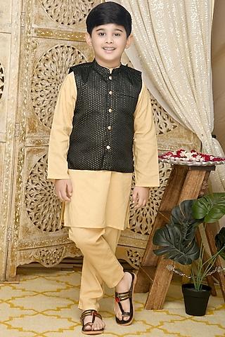 black jacquard printed bundi jacket with kurta set for boys