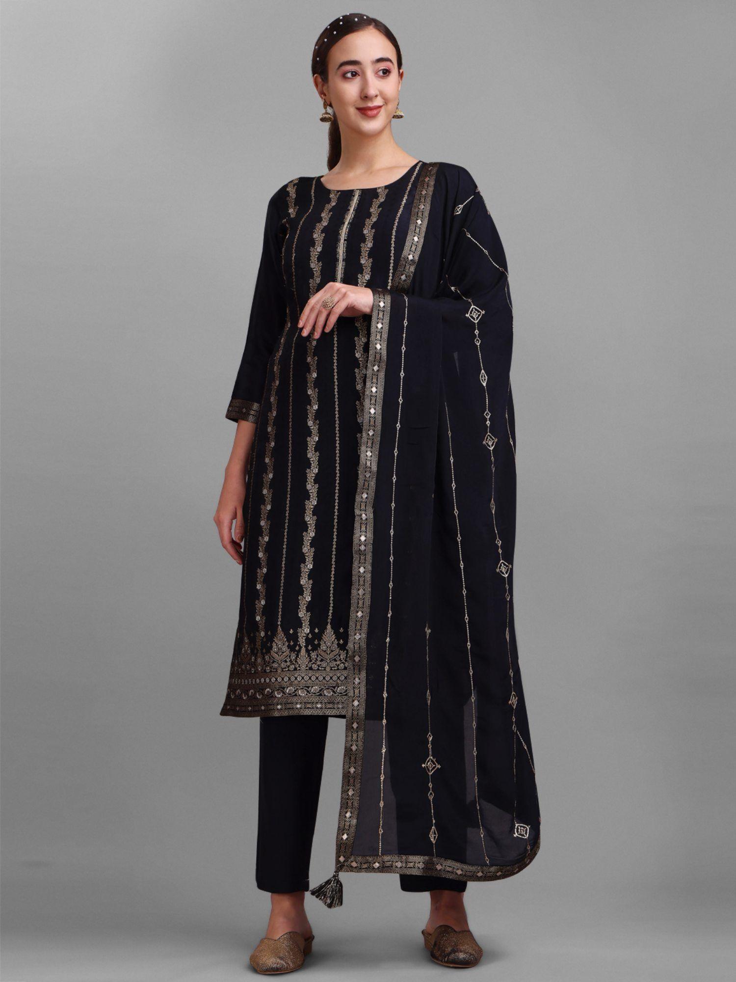 black jacquard silk straight kurta with trousers and dupatta (set of 3)