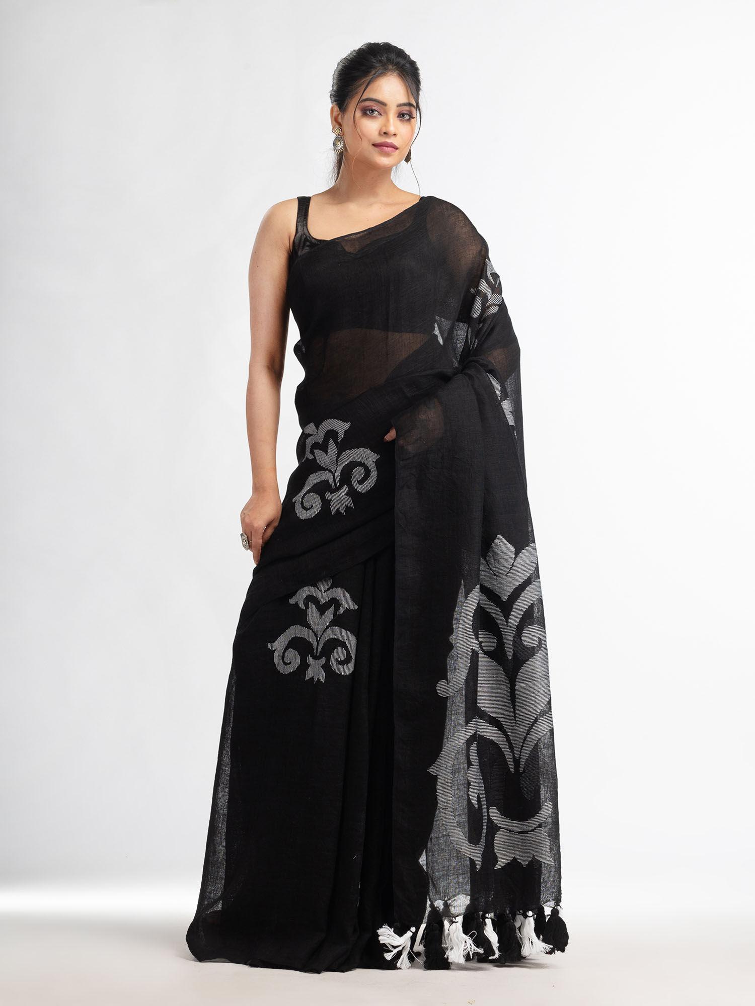 black jamdani handwoven linen saree with unstitched blouse