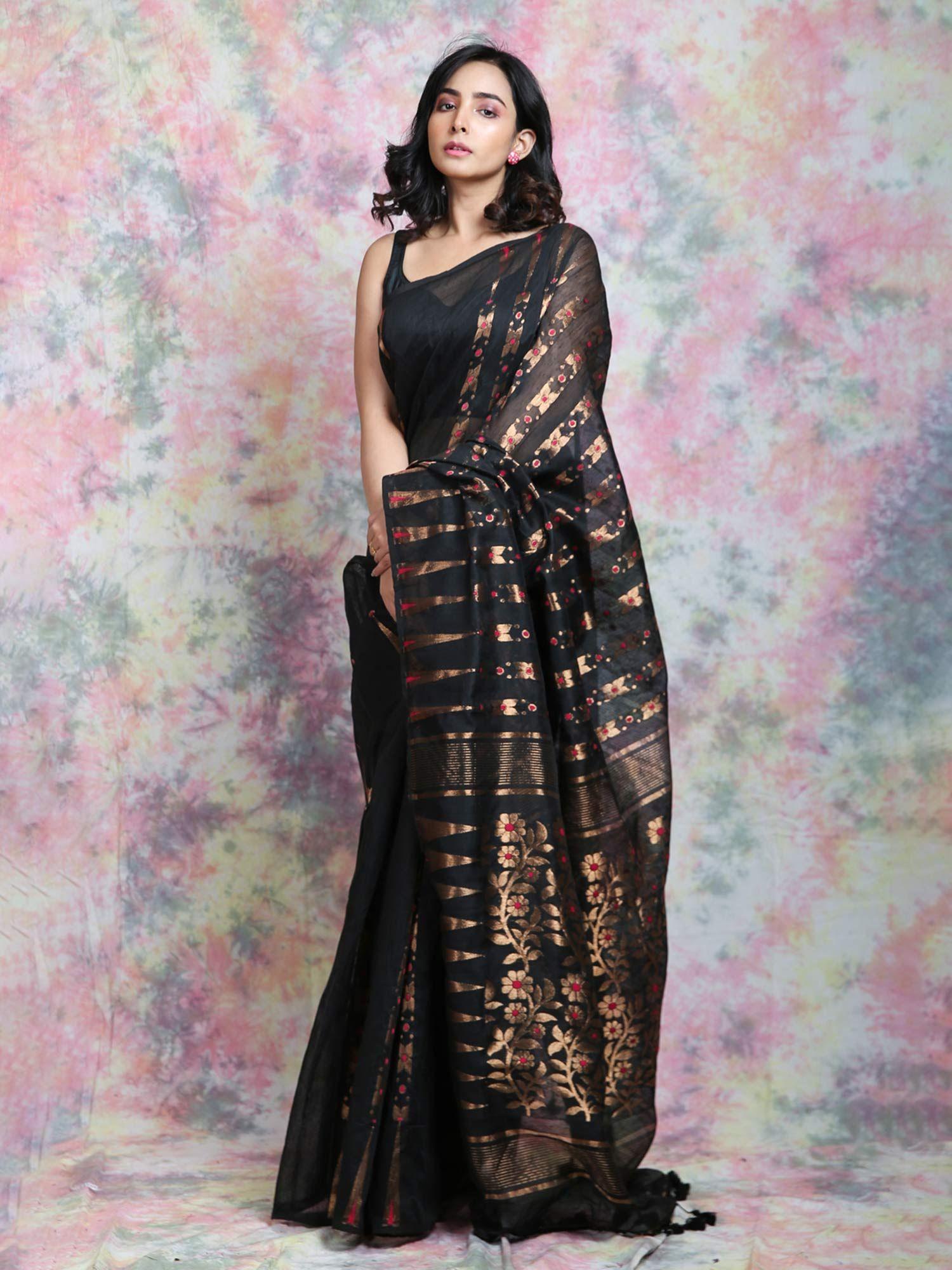 black jamdani with copper zari thread weaving saree and jhumka pompom without blouse