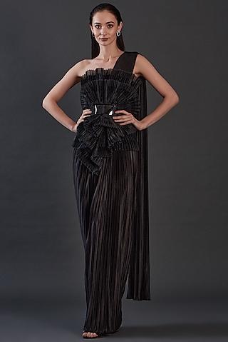 black jersey & organza hand embroidered draped gown