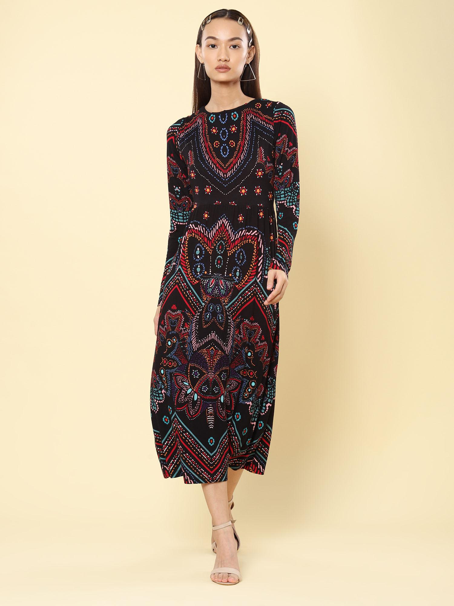 black jersey floral print midi dress