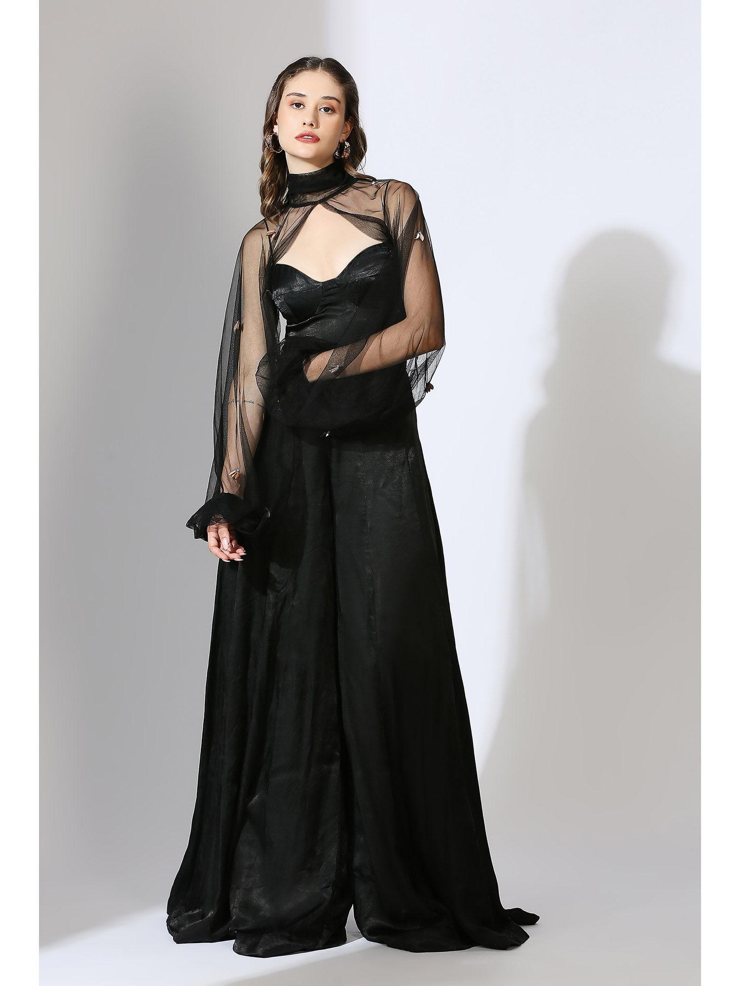 black jumpsuit with embellished net poofy sleeves (set of 2)