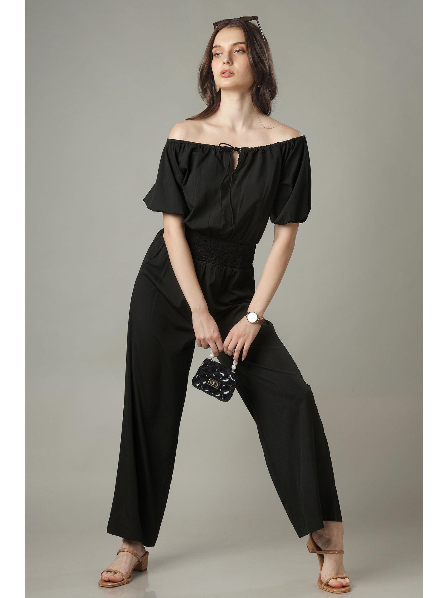 black jumpsuit with smocking detailing off shoulder