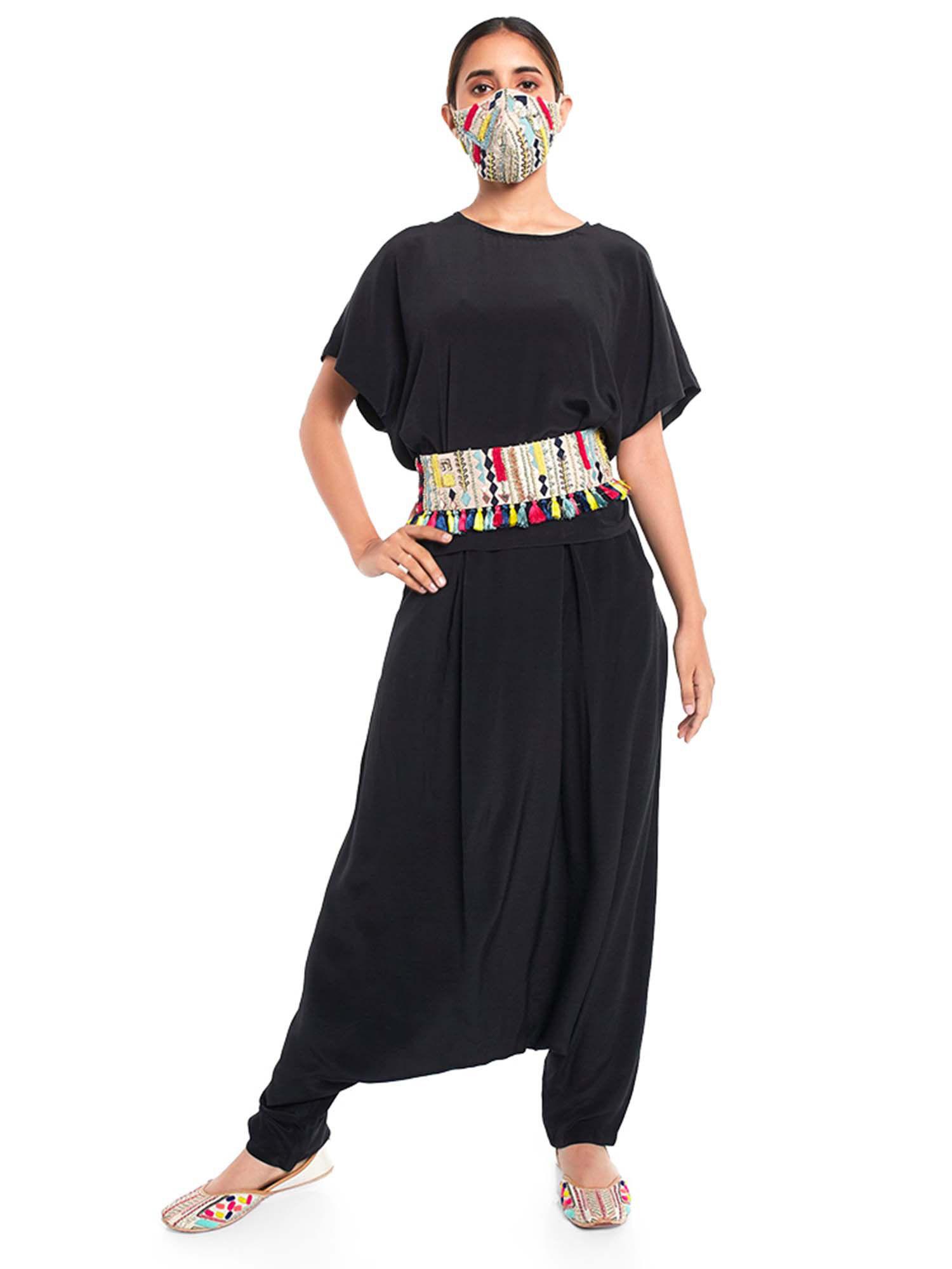 black kaftaan top and low crotch pant with mask and tie-up belt (set of 4)