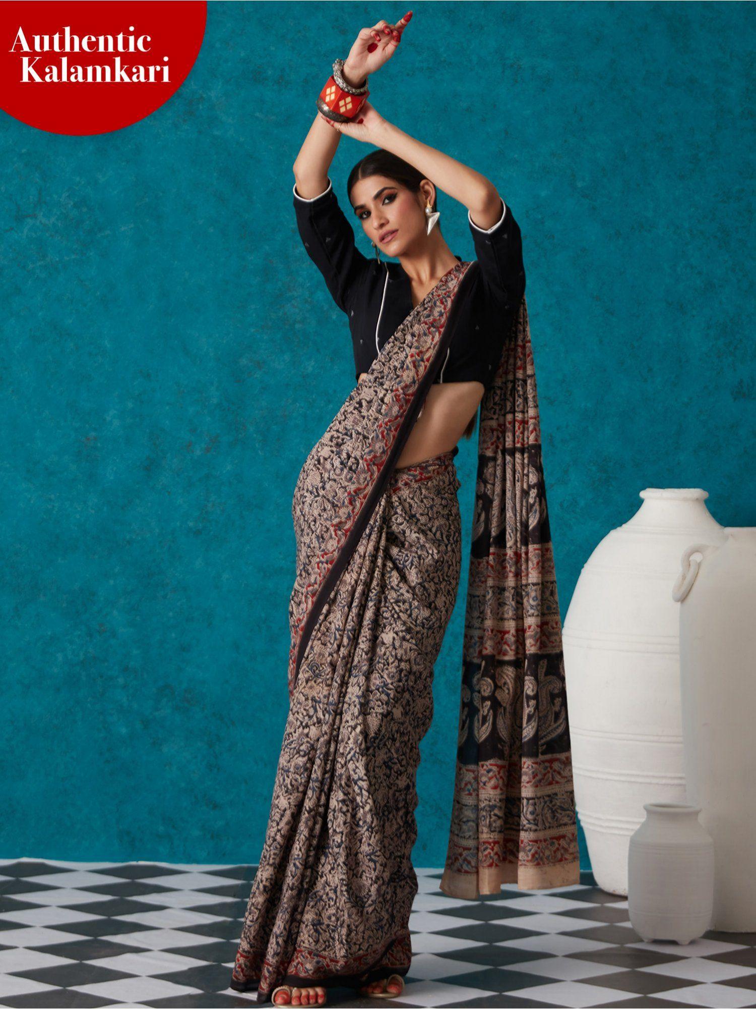 black kalamkari hand block printed saree with unstitched blouse