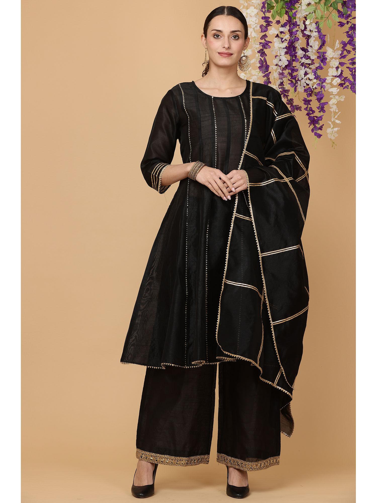 black kalidar kurta palazzo with dupatta (set of 3)