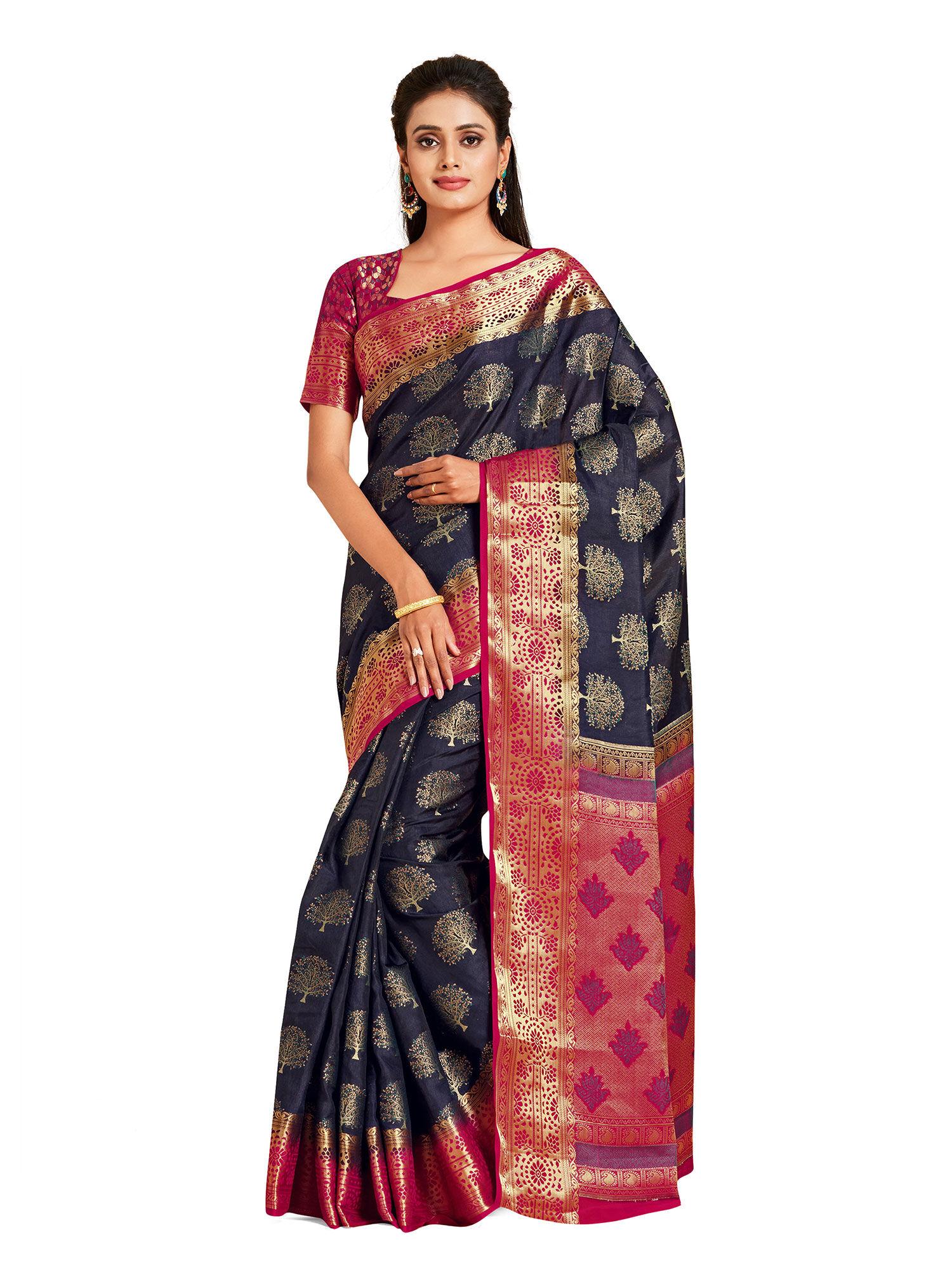 black kanjivaram style art silk saree with unstitched blouse