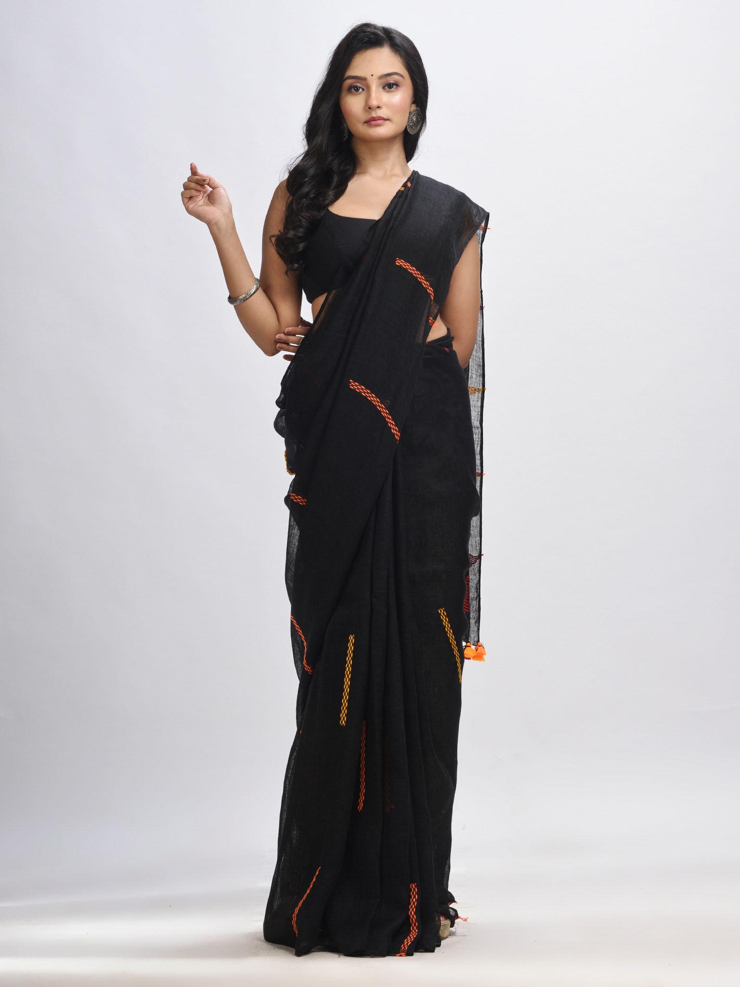 black kantha stitch hand woven linen saree with unstitched blouse