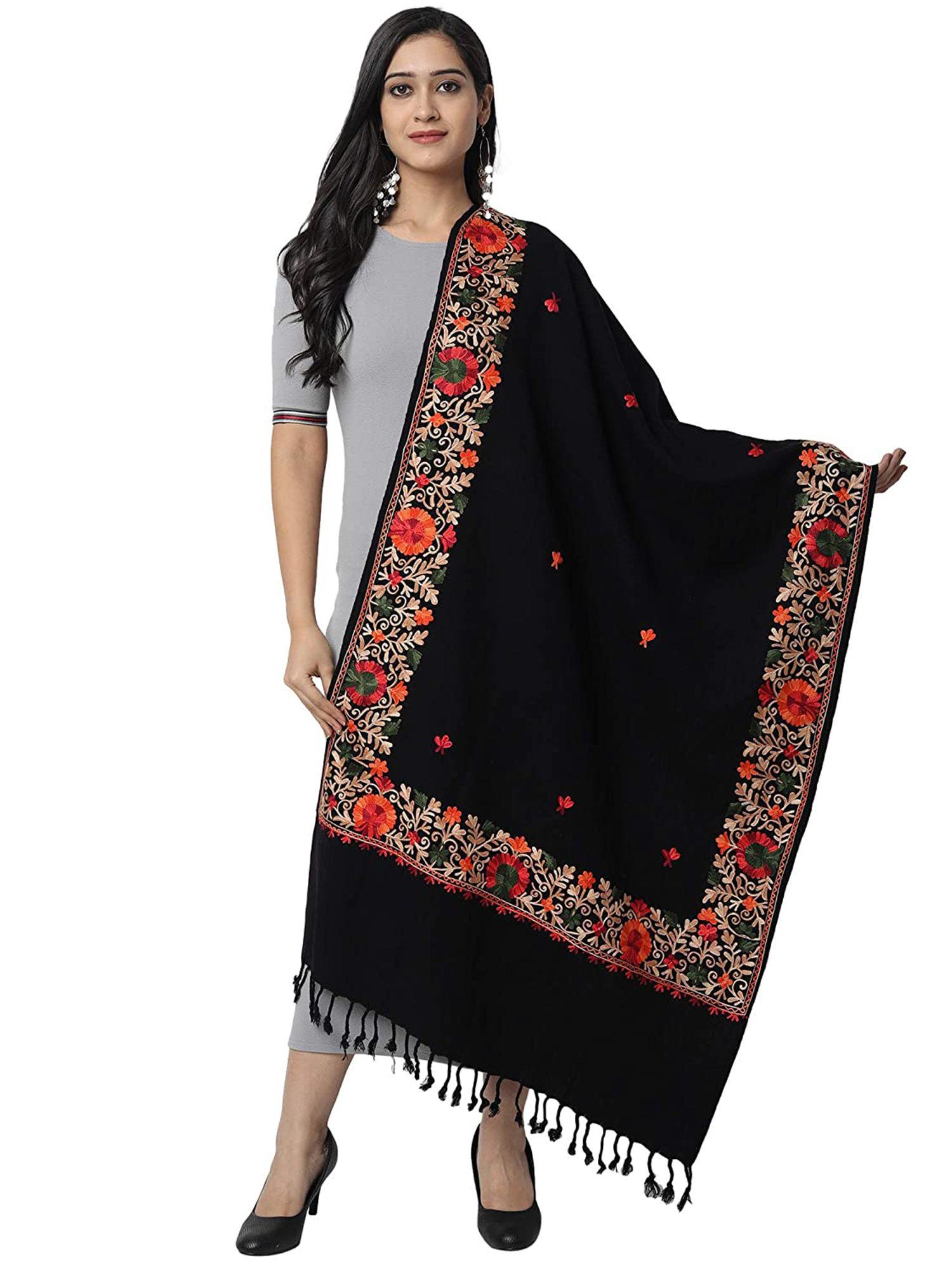 black kashmiri embroidered woollen shawl