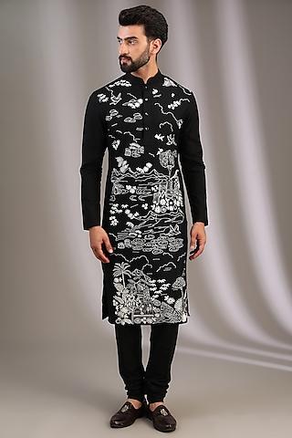 black katan resham thread embroidered kurta set