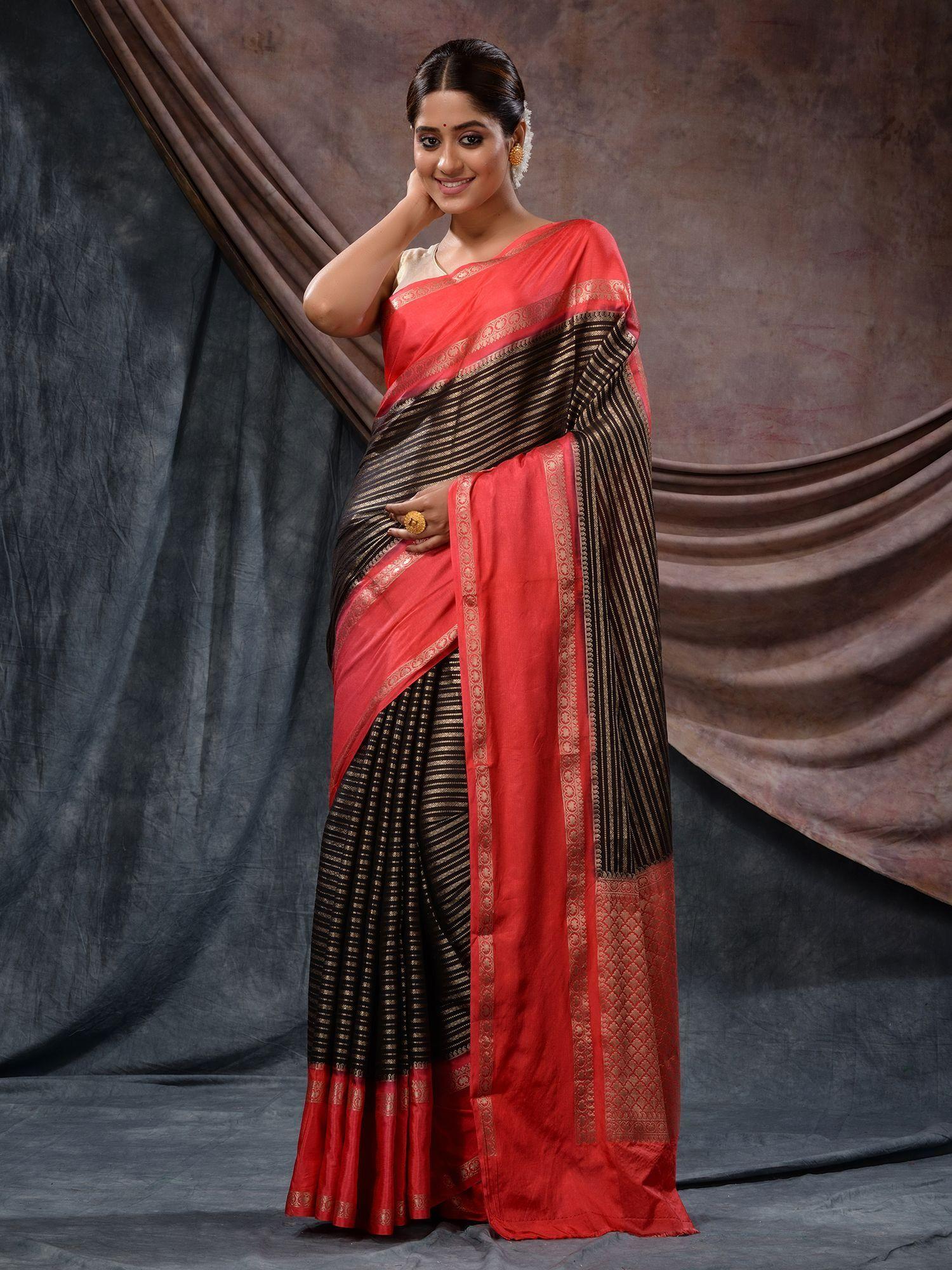 black katan silk handloom zari woven design and stripes saree with unstitched blouse