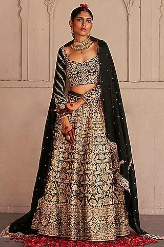 black katan silk zardosi hand embroidered brocade banarasi dual-shaded kalidar lehenga set