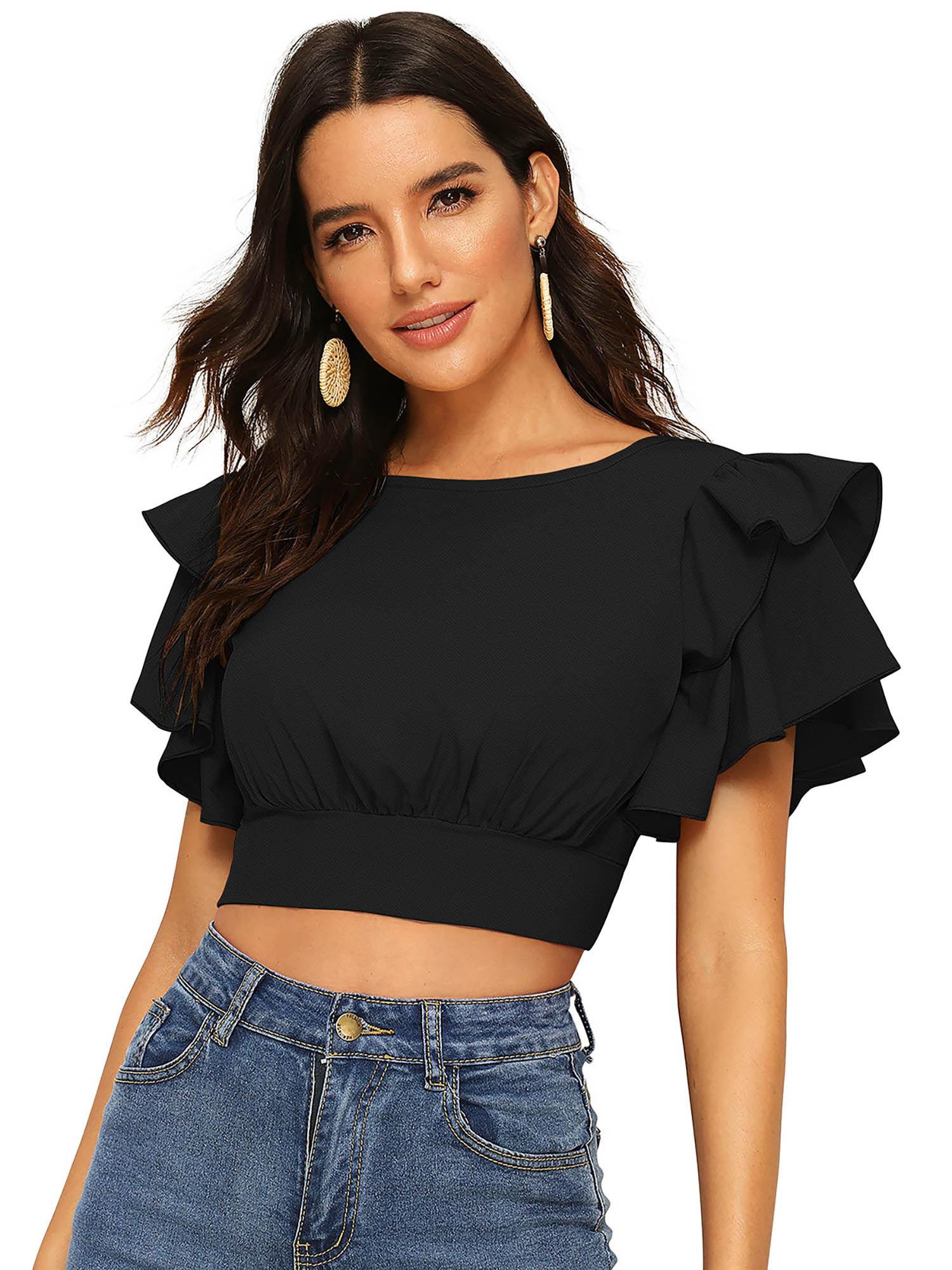 black knit fabric crop top for women
