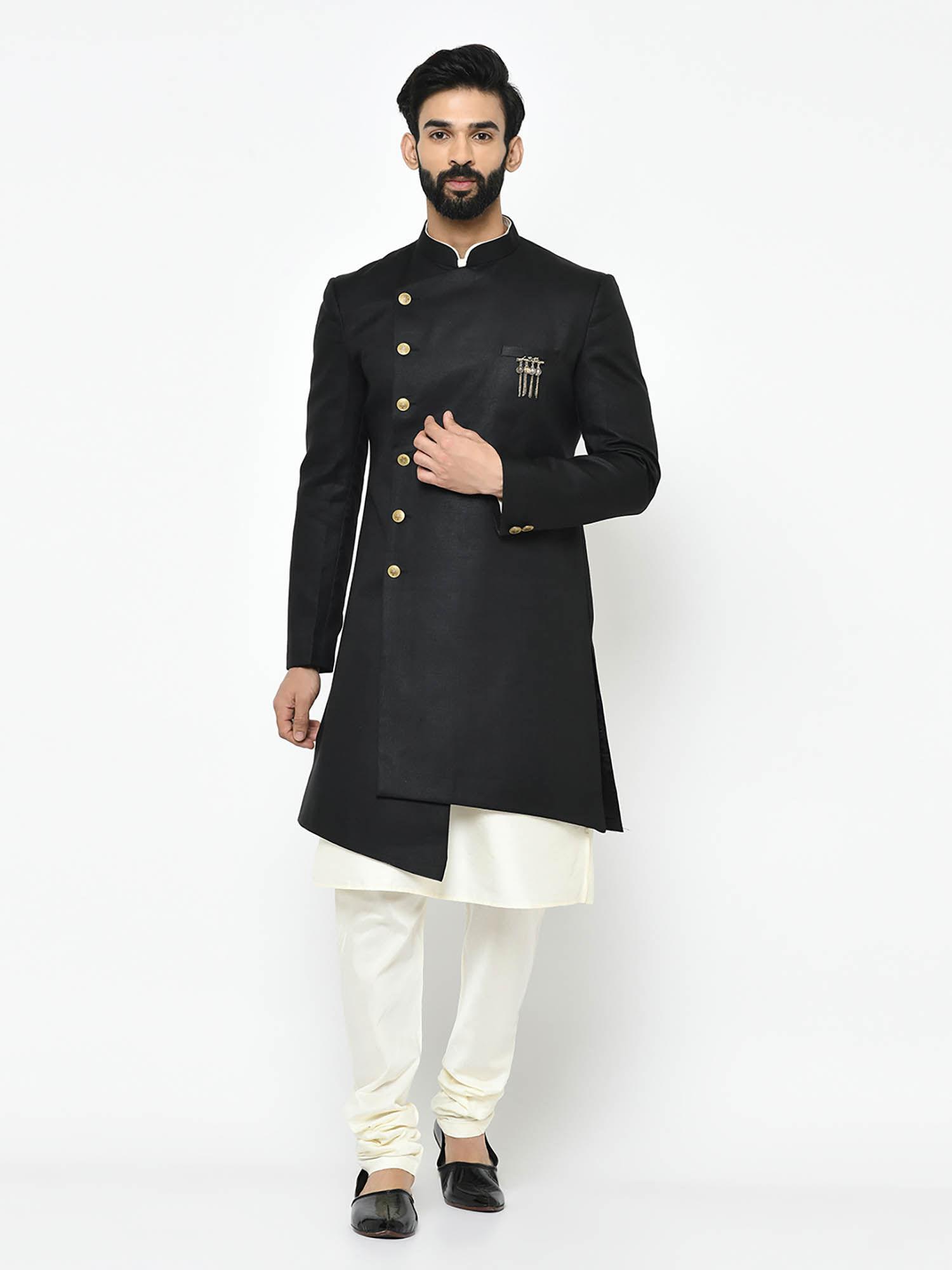 black kurta & sherwani with churidar (set of 3)