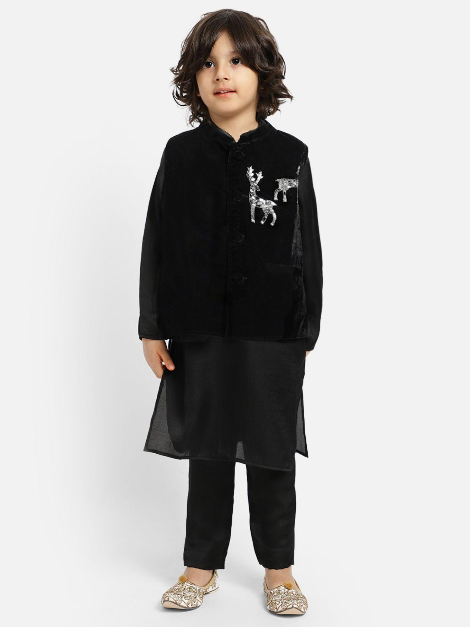 black kurta pajama with elegant velvet waist coat (set of 3)