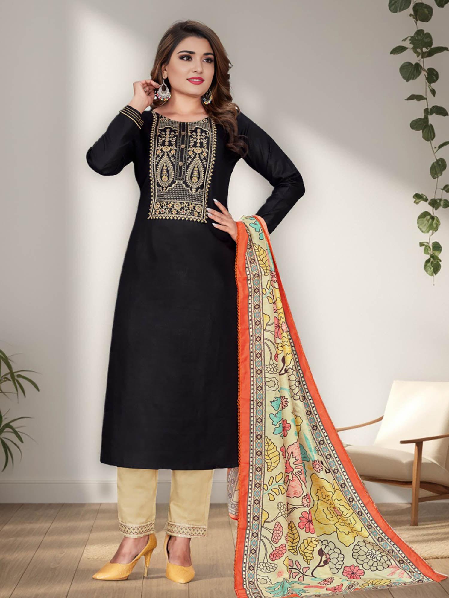 black kurta with pant and dupatta (set of 3)