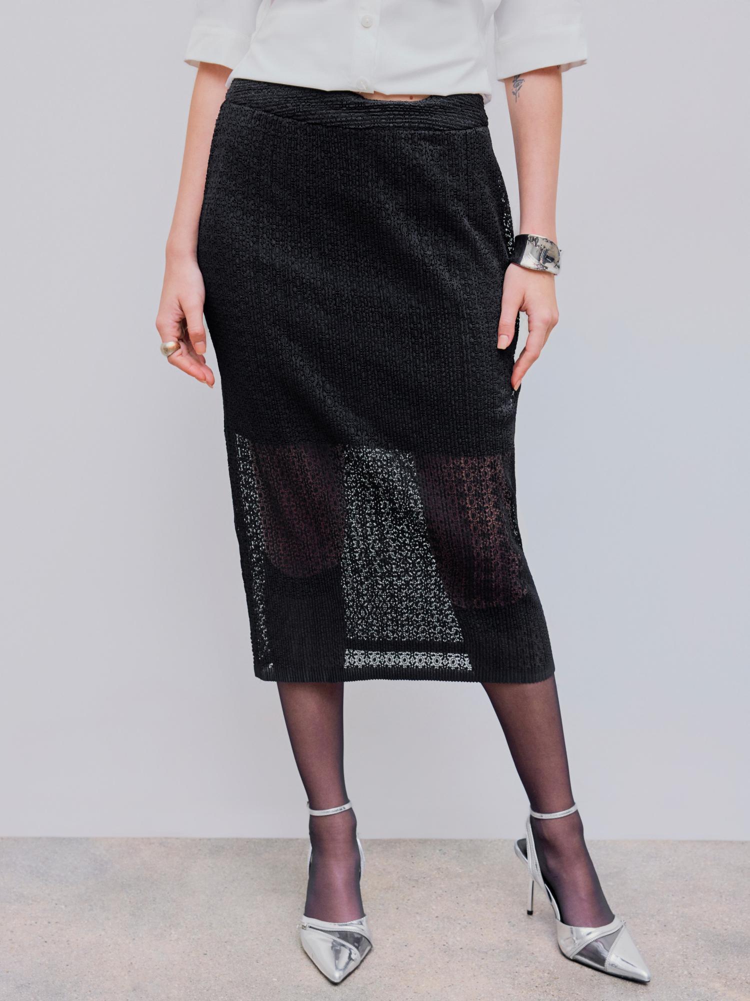 black lace mid rise midi skirt