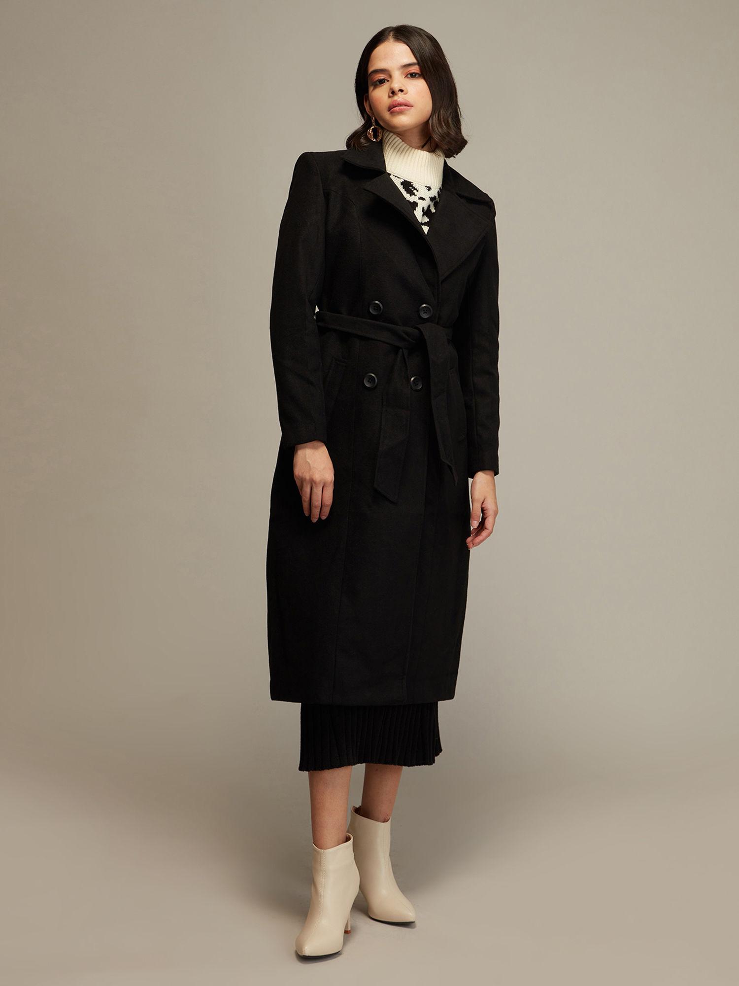 black lapel mid calf overcoat