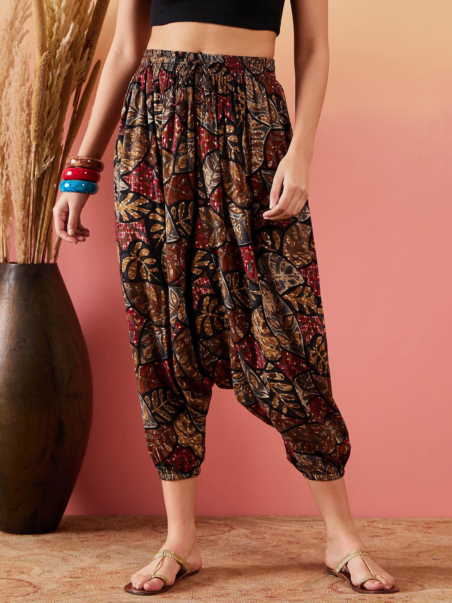 black leaf print foil harem pant