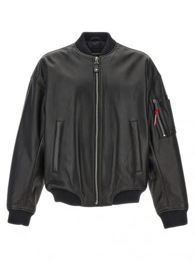 black leather bomber jacket