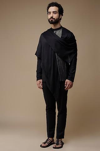 black linen blend asymmetric short kurta