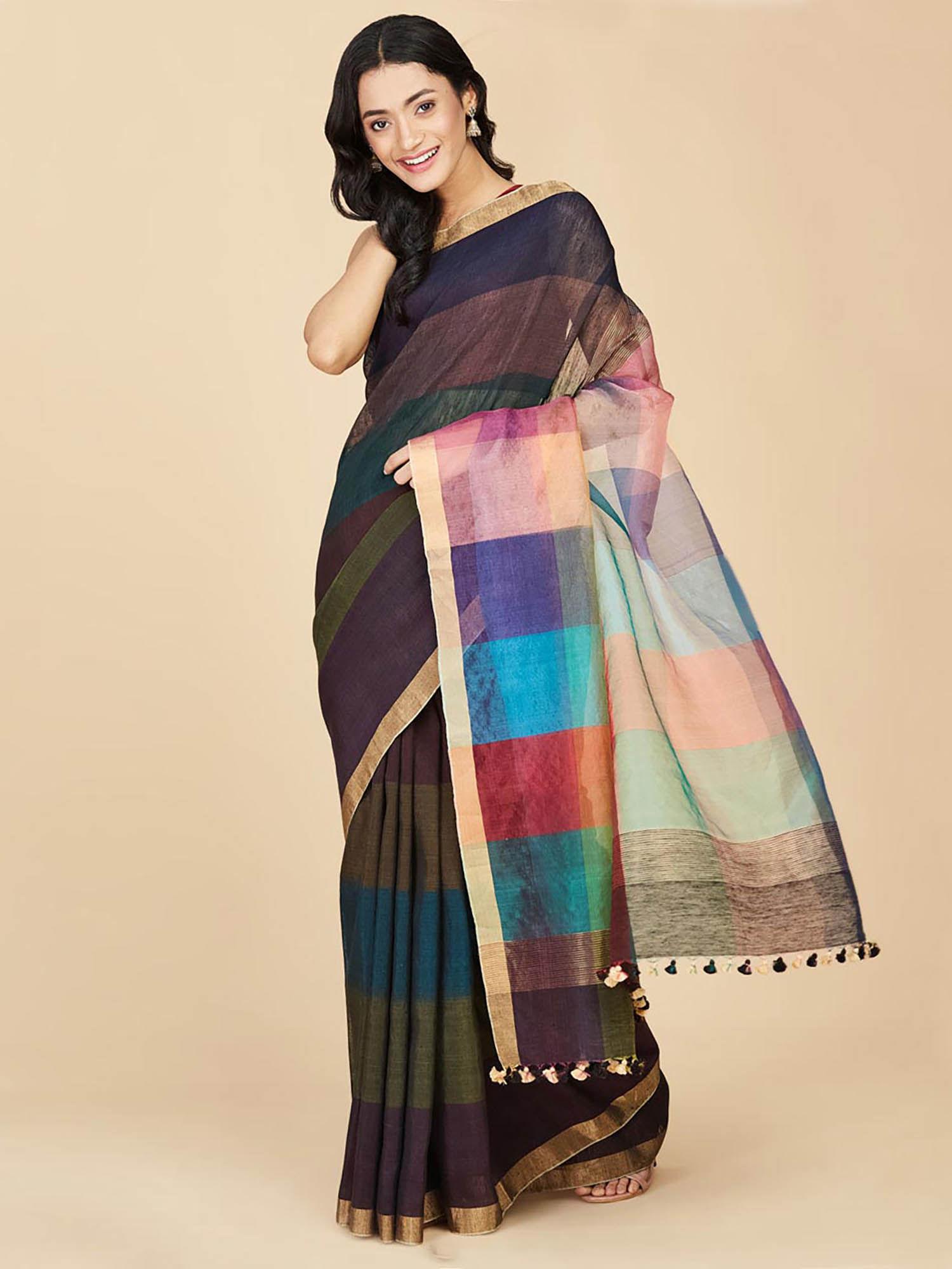 black linen blend hand woven saree without blouse