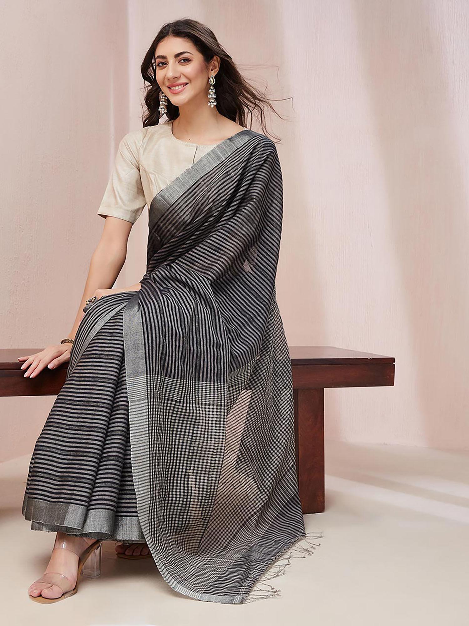 black linen blend woven saree without blouse