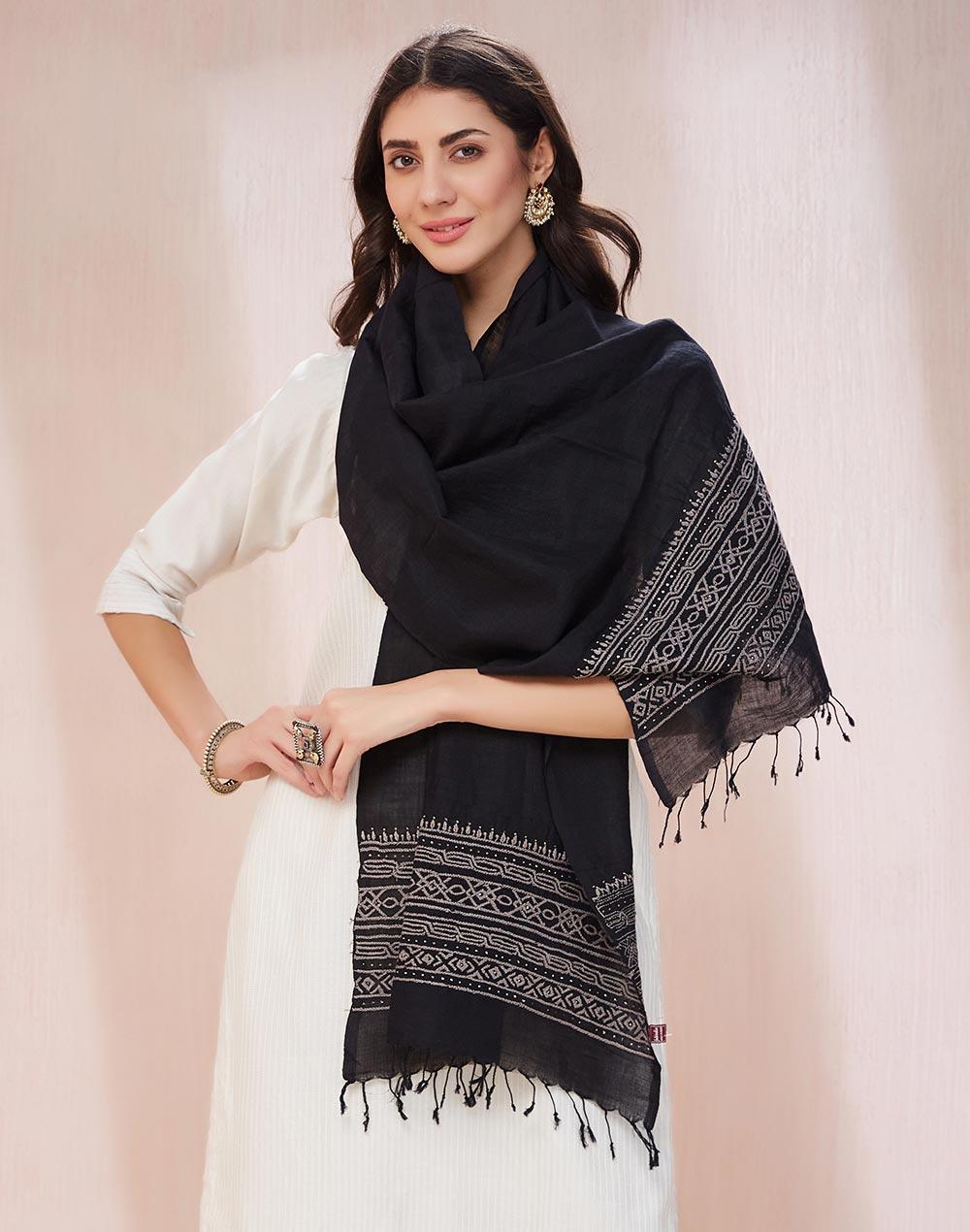 black linen chikankari stole