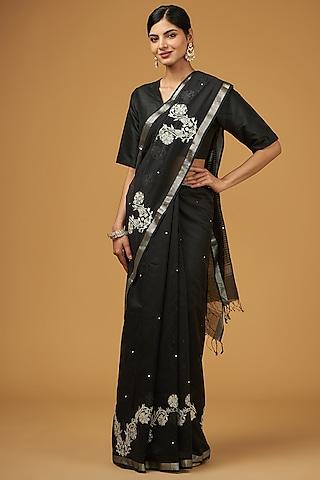 black linen floral boota embroidered handwoven saree set