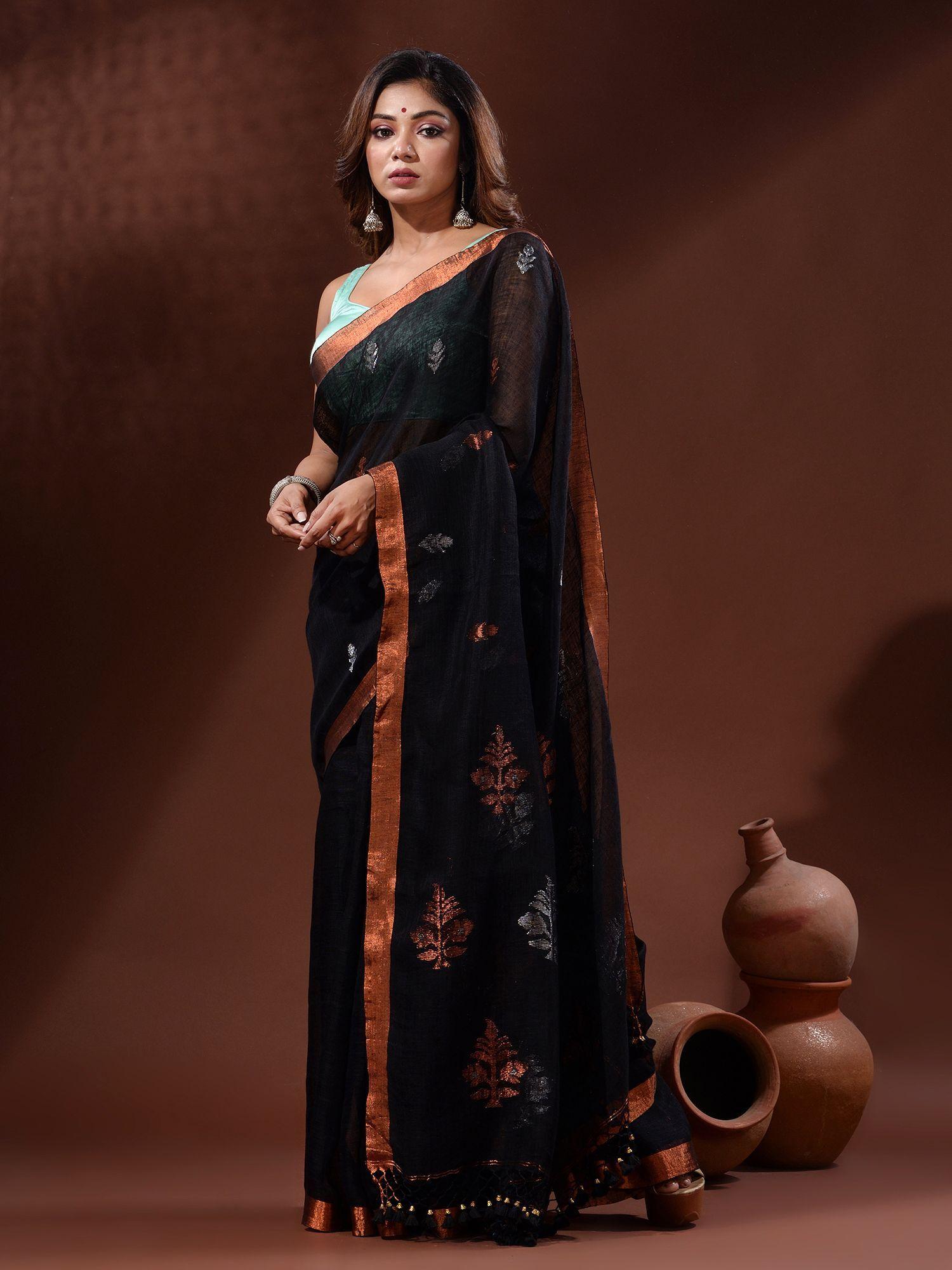 black linen handwoven saree with nakshi motifs with unstitched blouse