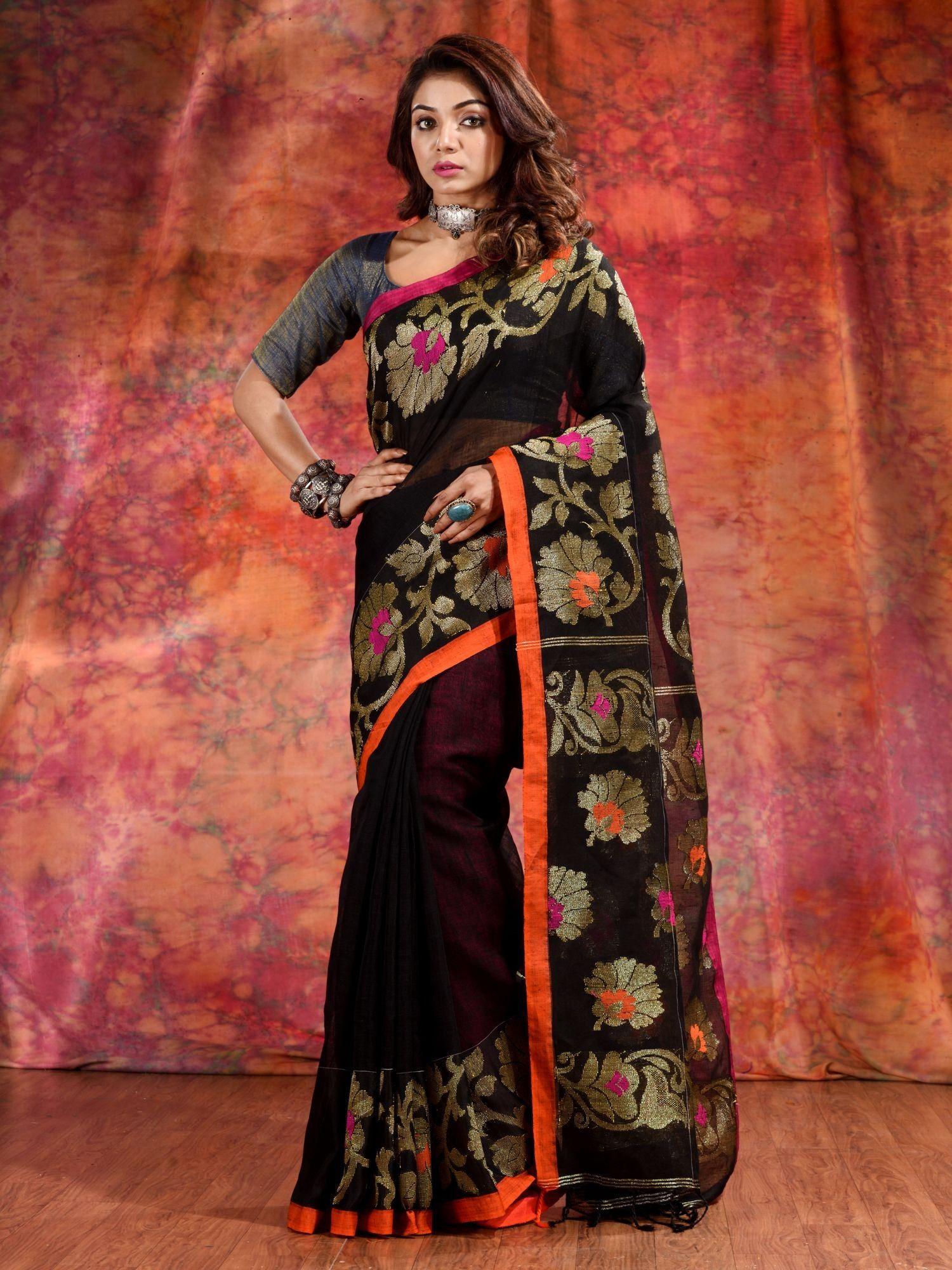 black linen handwoven soft saree with floral design and unstitched blouse