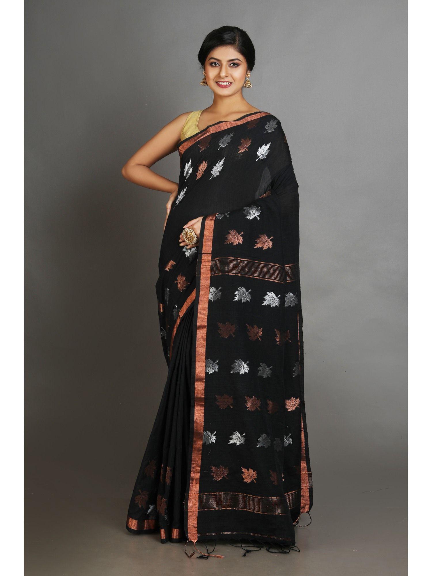 black linen handwoven soft zari border saree with unstitched blouse