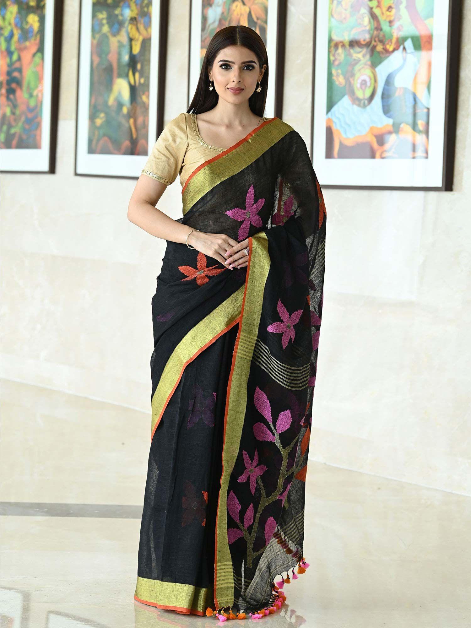 black linen jamdani handwoven saree without blouse