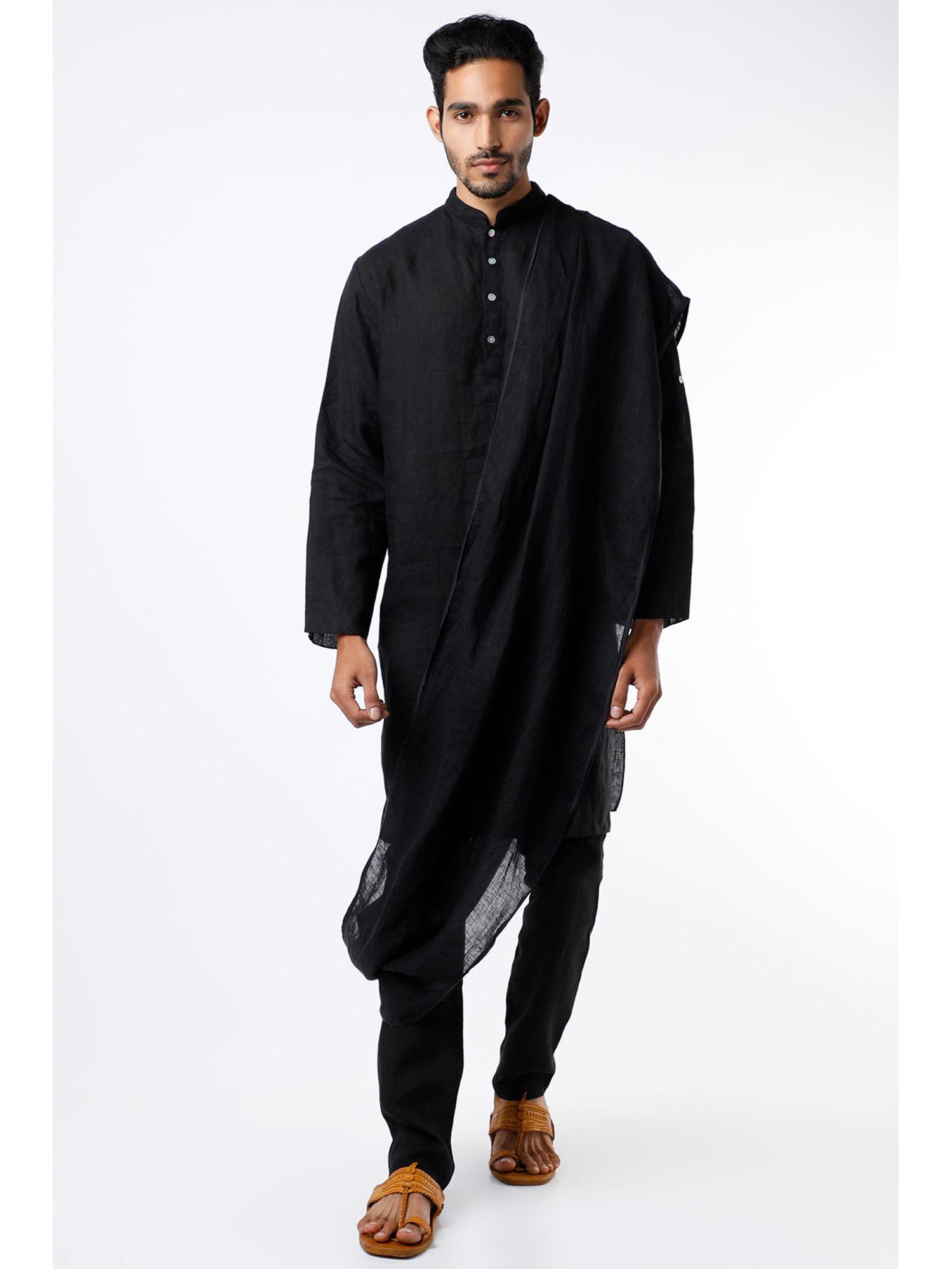 black linen long kurta with drape