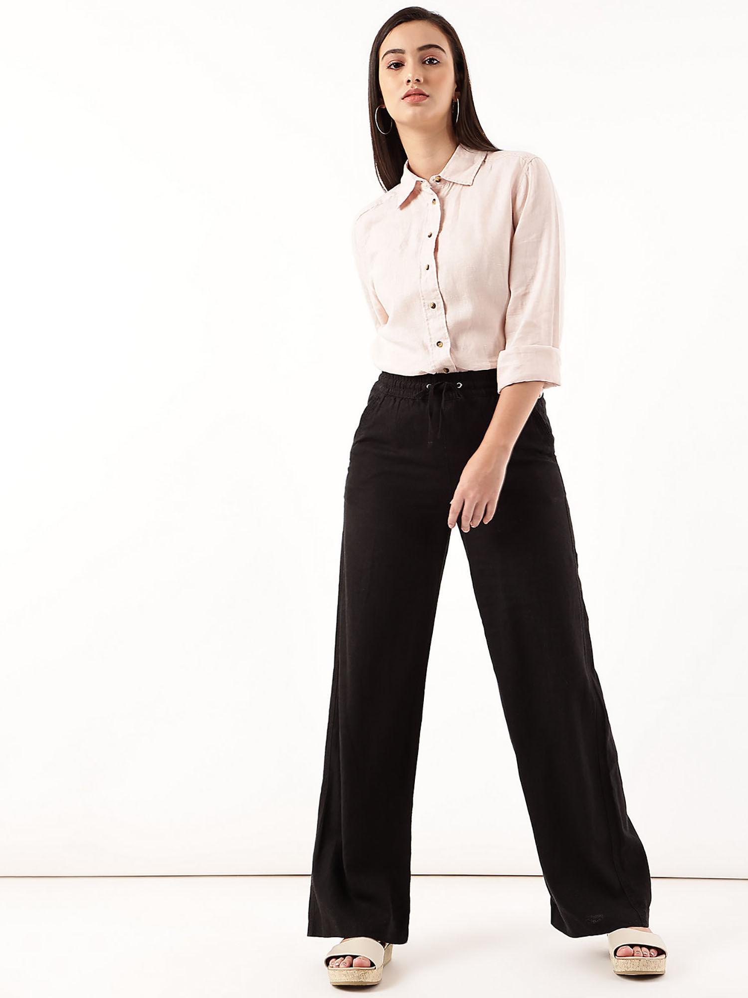 black linen mix wide leg drawstring trousers