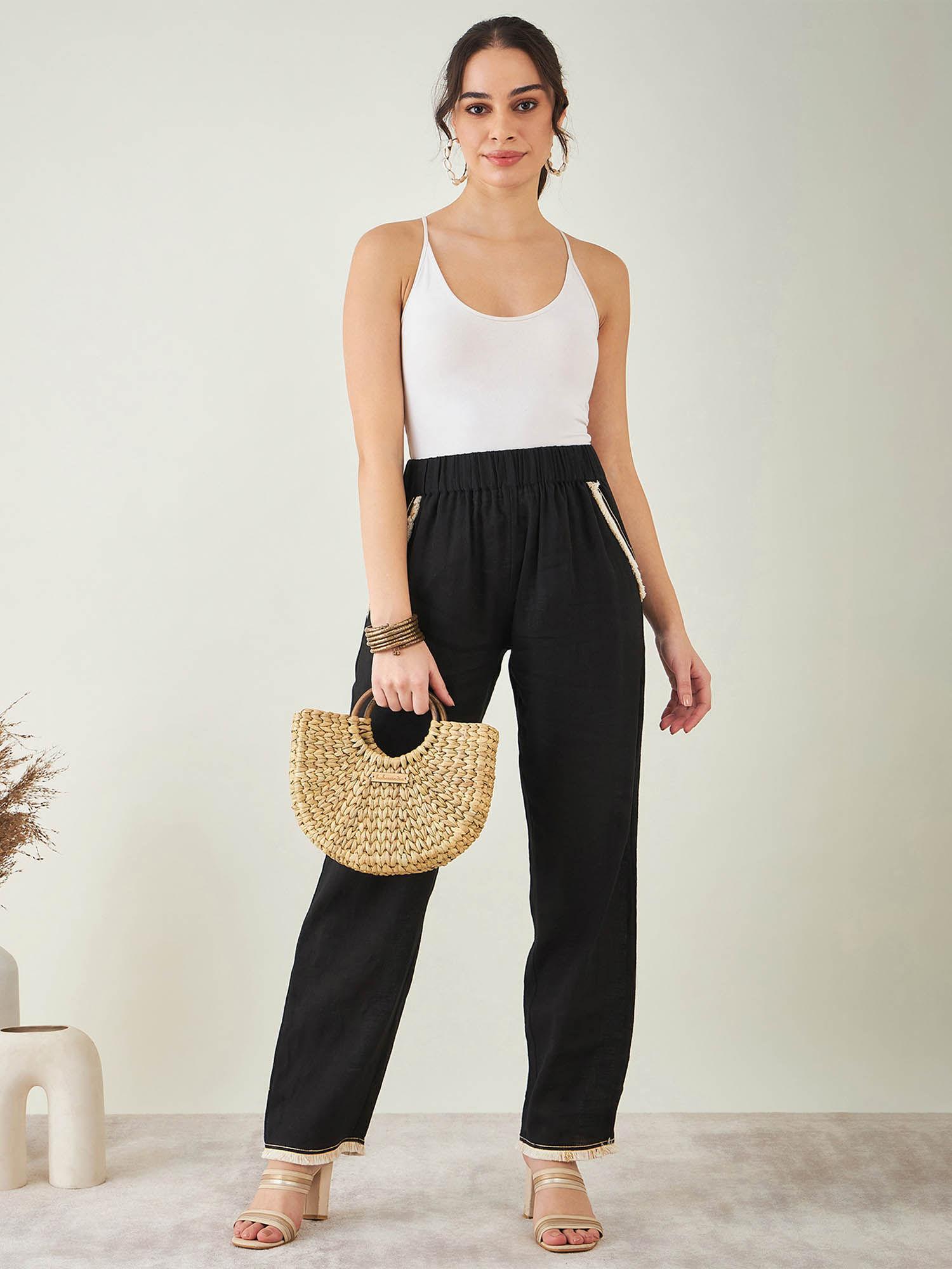 black linen pant with lace detail