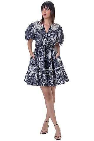 black linen printed & embroidered mini dress with belt