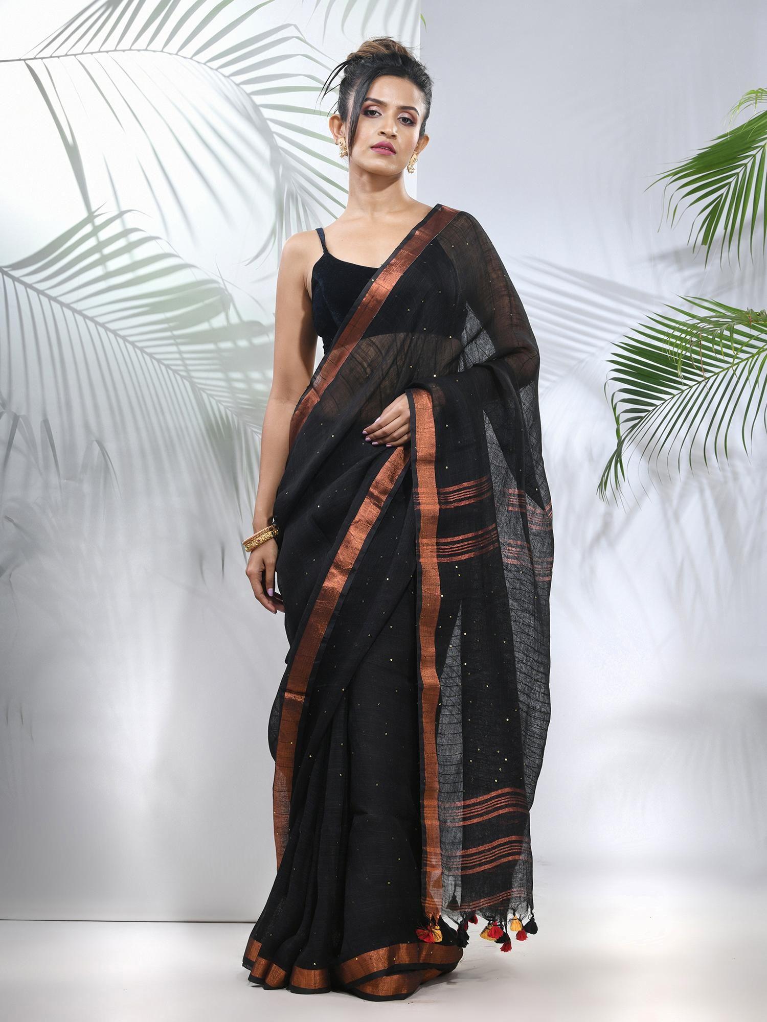 black linen saree with sequined work in stripes pallu with unstitched blouse