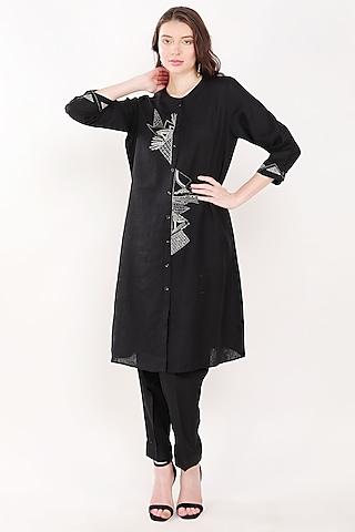 black linen sequins embroidered tunic