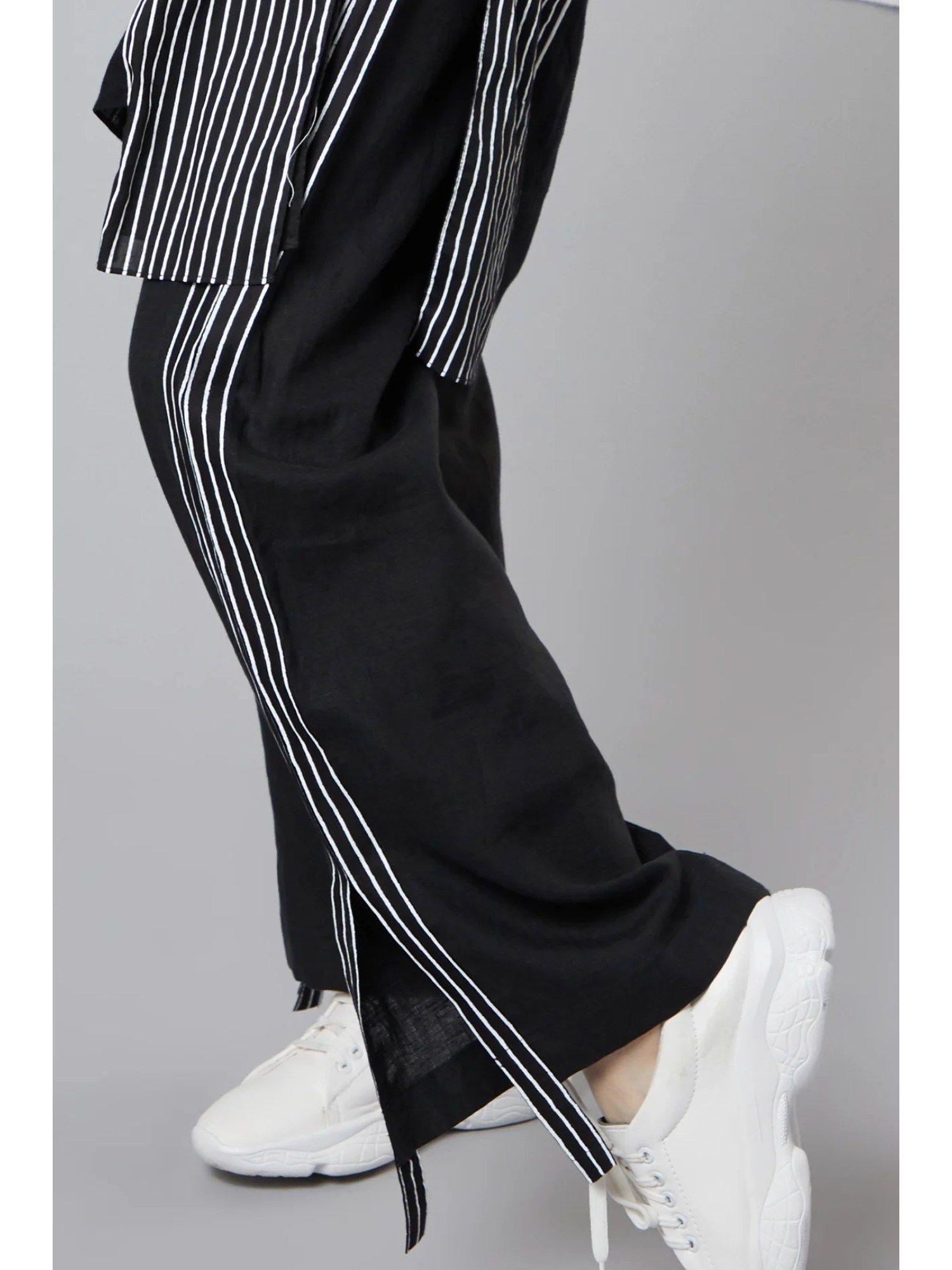 black linen striped tape pants